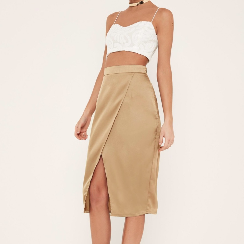 Nude Satin Wrap Midi Skirt